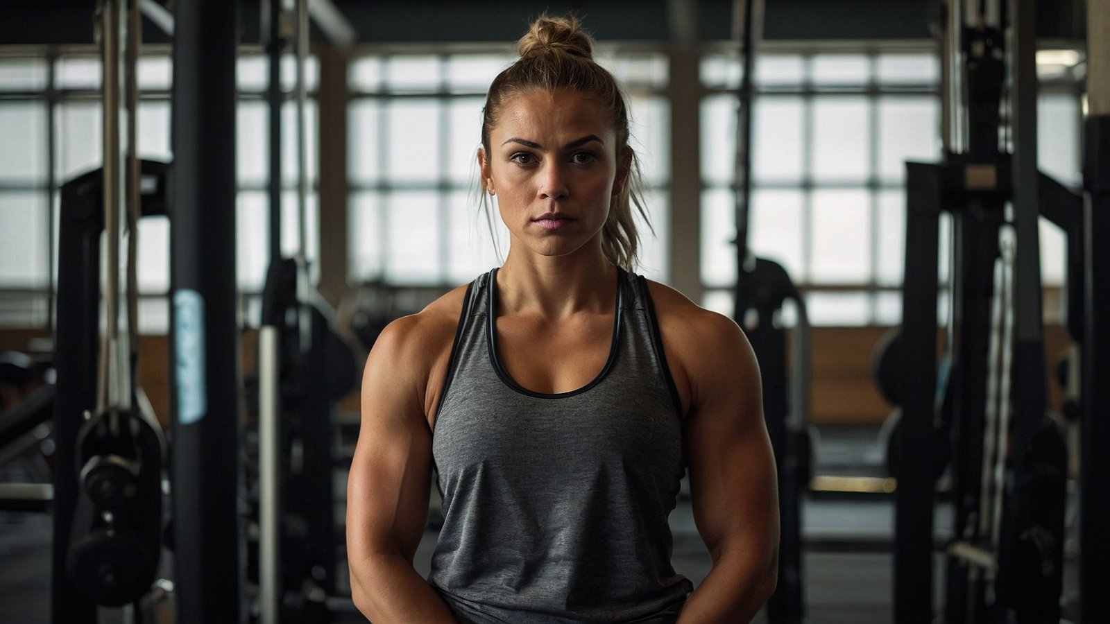 Athletic woman in her early thirties wearing a grey tank top, standing confidently at the gym with large windows in the background.