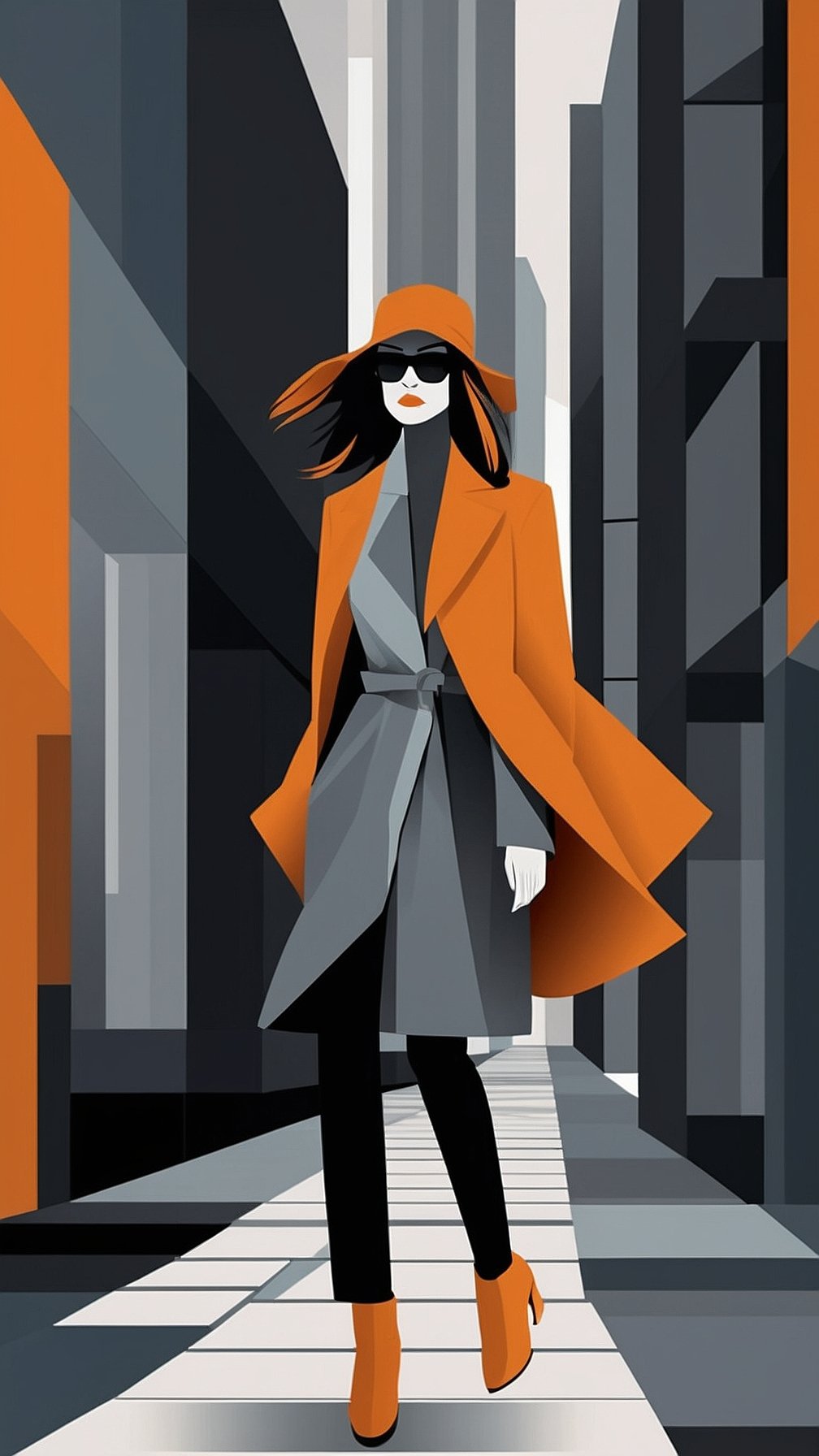 Fashionable woman in an orange coat and hat walking along a grey cityscape street, minimalist vector art style with sleek lines.