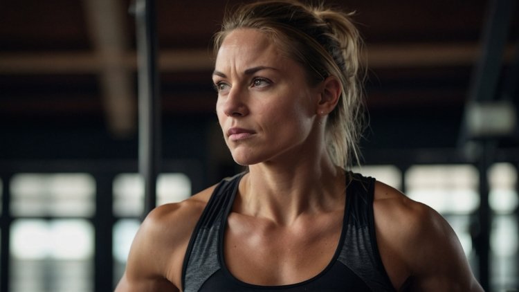 Muscular blonde woman in her thirties wearing black athletic wear, looking off to the side, soft lighting highlighting her defined physique.