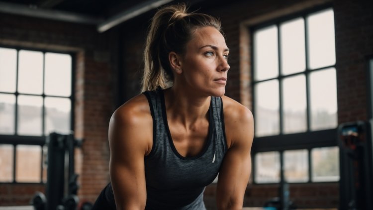 Fitness influencer woman working out in gym, side view, wearing dark grey tank top, natural light from large windows, focus on upper body and face.