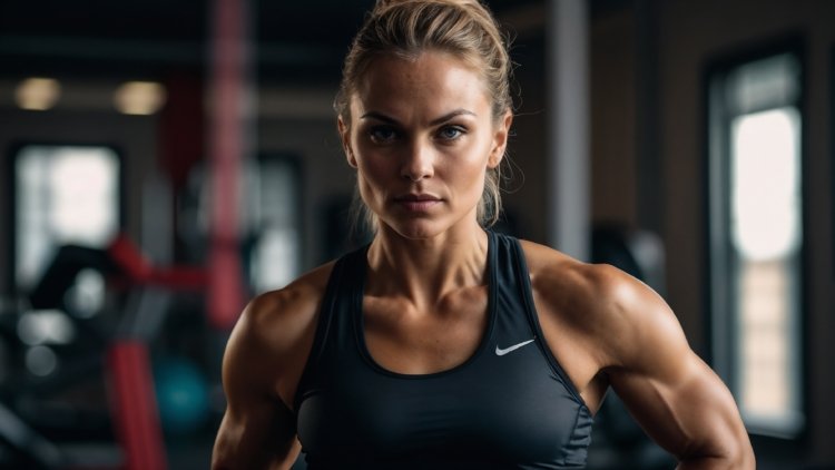 Portrait of a muscular fitness woman in a black Nike tank top, posing confidently in a gym setting with equipment in the background.