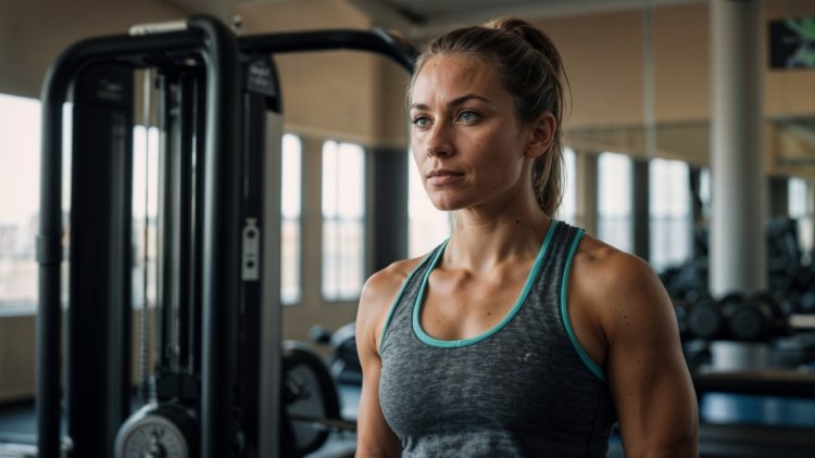 Beautiful woman in her thirties working out at the gym, standing beside heavy equipment and wearing a light grey tank top.