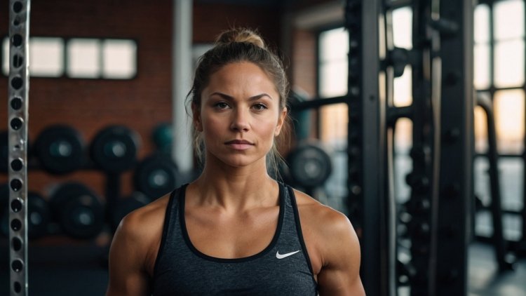 Portrait of an athletic woman in her late thirties wearing dark grey attire, standing confidently in a gym, with soft lighting highlighting her muscles.