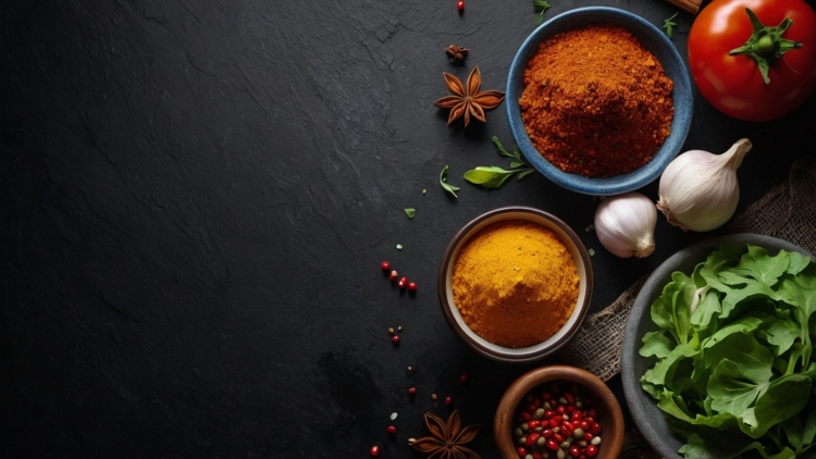 Top-down view of spices, vegetables, and a bowl of turmeric powder on a black table with space for text.