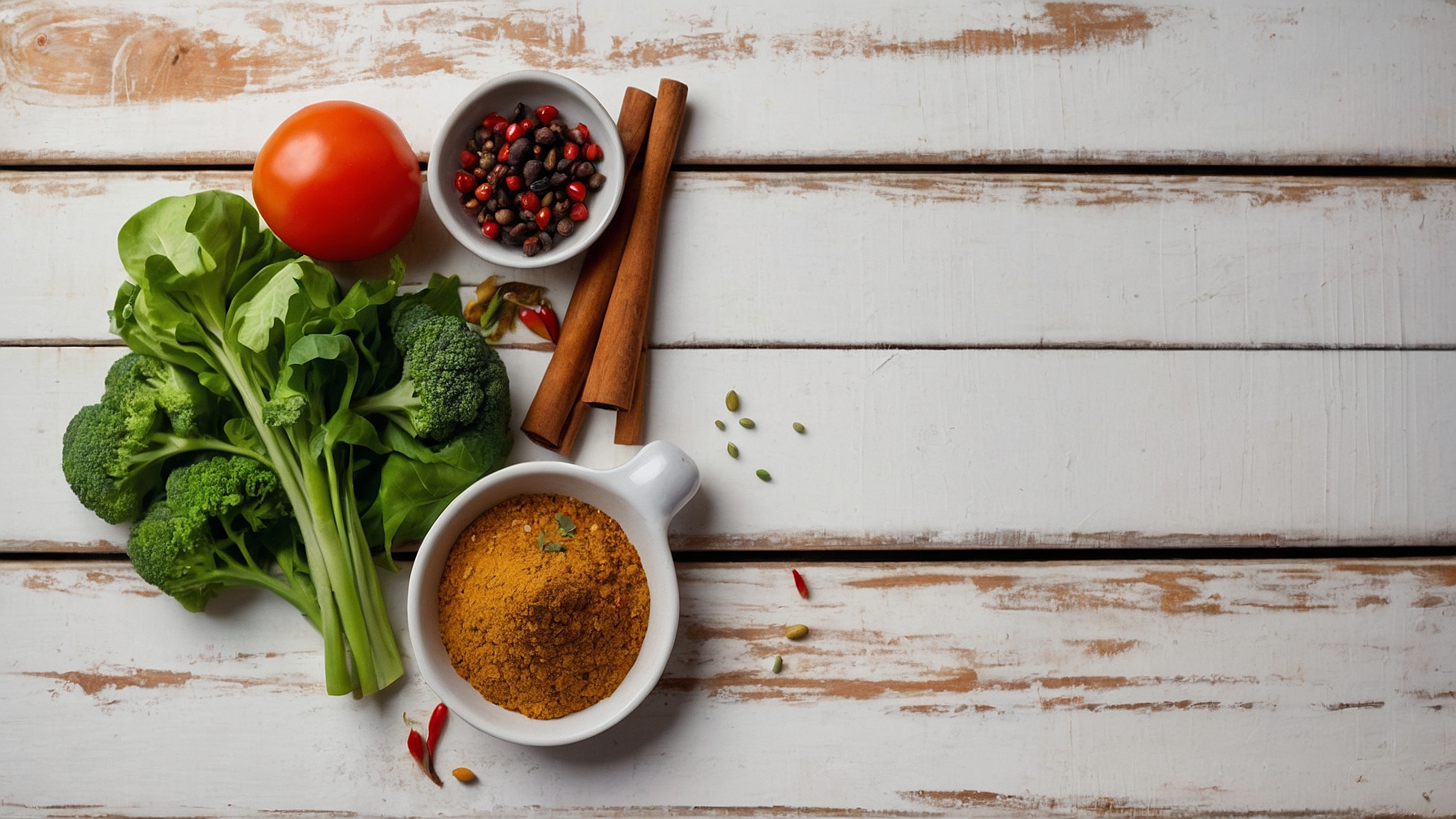 A Bright and Warm Flat Lay of Spices and Veggies
