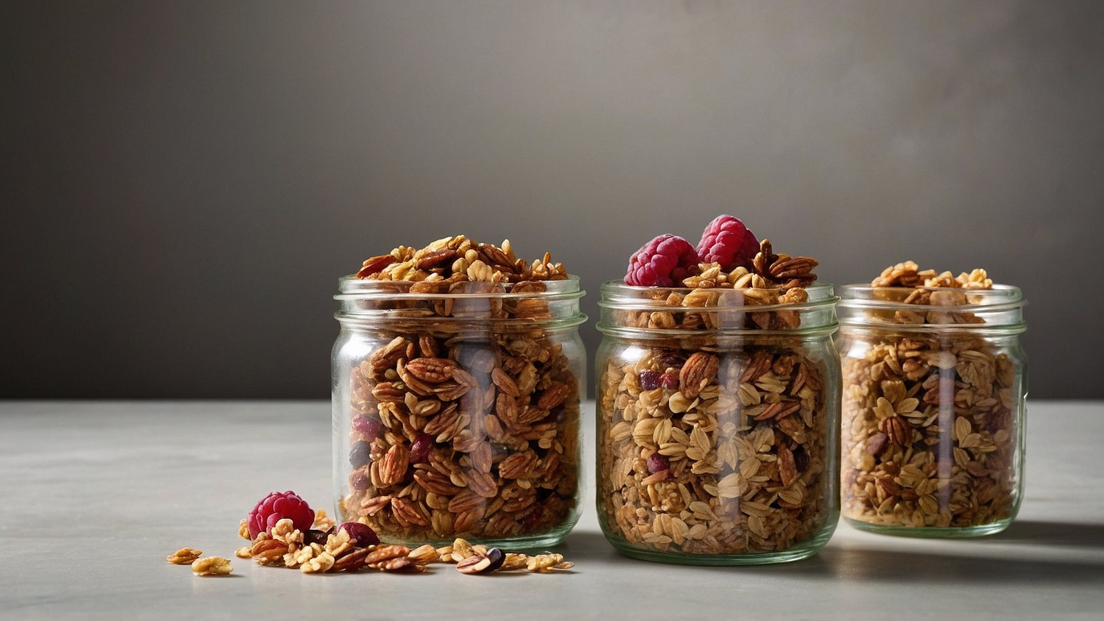 Three glass jars filled with granola, topped with cranberries, red berries, and pecans, against a grey background with soft lighting.