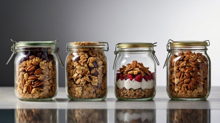 Four glass jars with granola, each filled with different ingredients like nuts, dried fruits, and honey, on a white table with a neutral background.