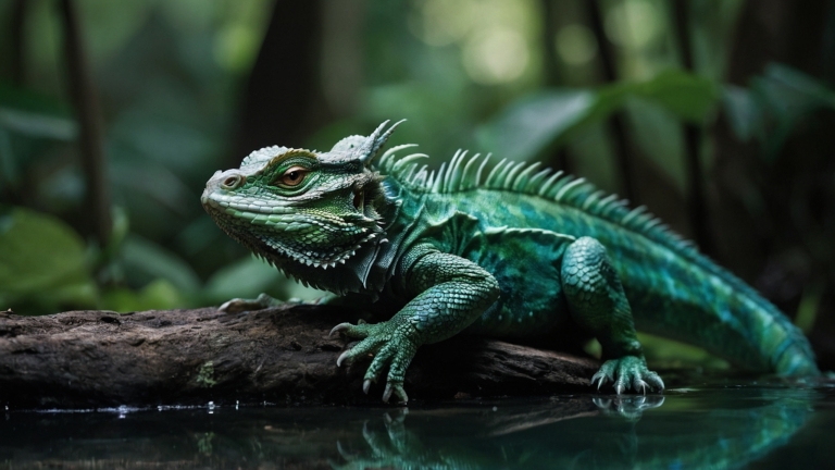 A Vibrant Iguana on a Water-Logged Branch in the Jungle