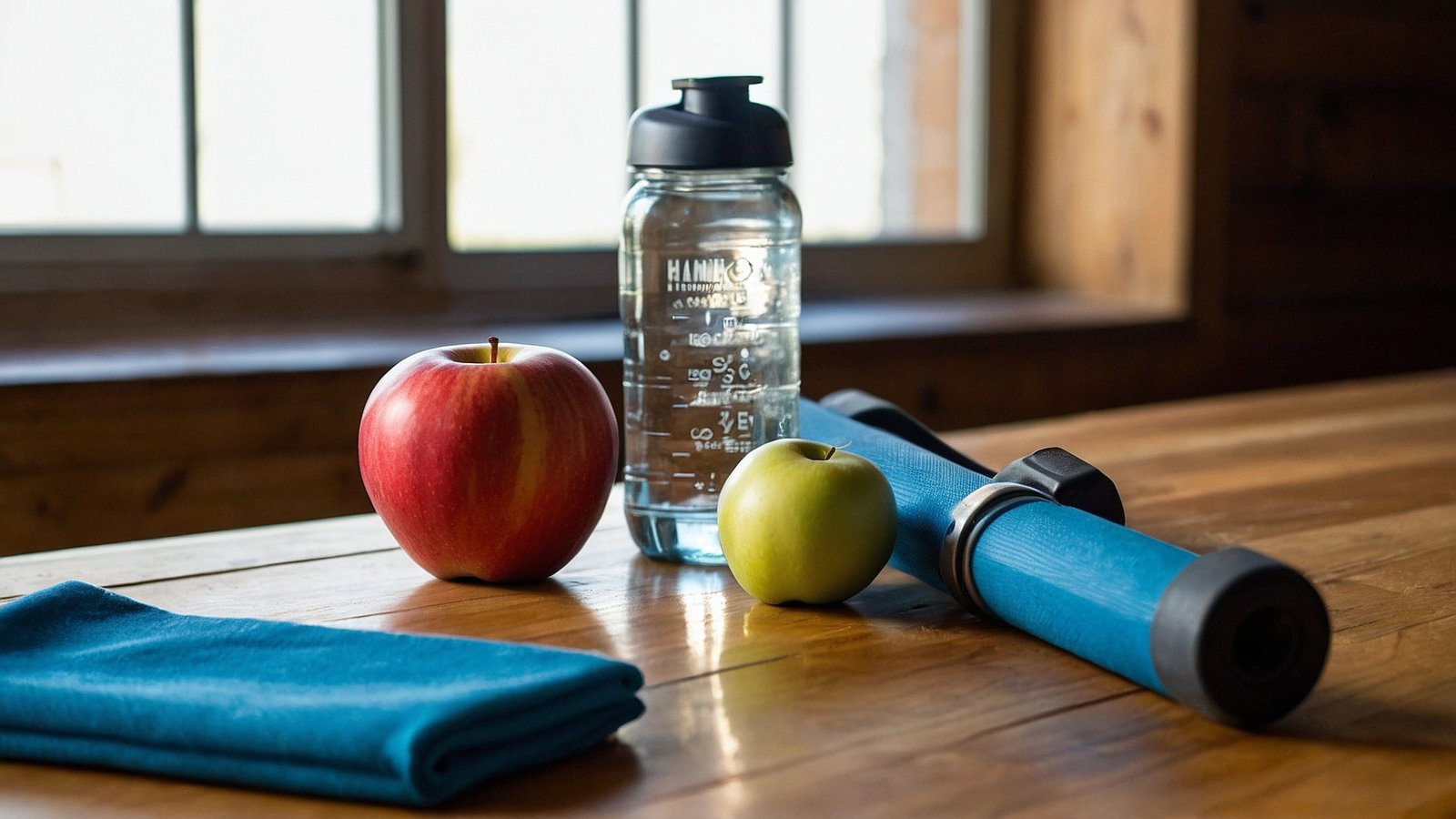 A water bottle, apple, blue yoga mat, dumbbell, and towel on a table near a window, with wooden walls and floor in the background.