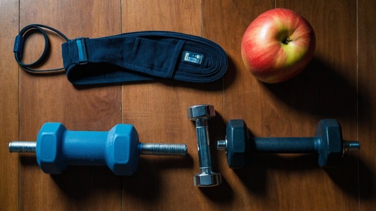 Top view of a blue dumbbell, an apple, and a black fitness belt on a wooden floor, captured in high-resolution photography.