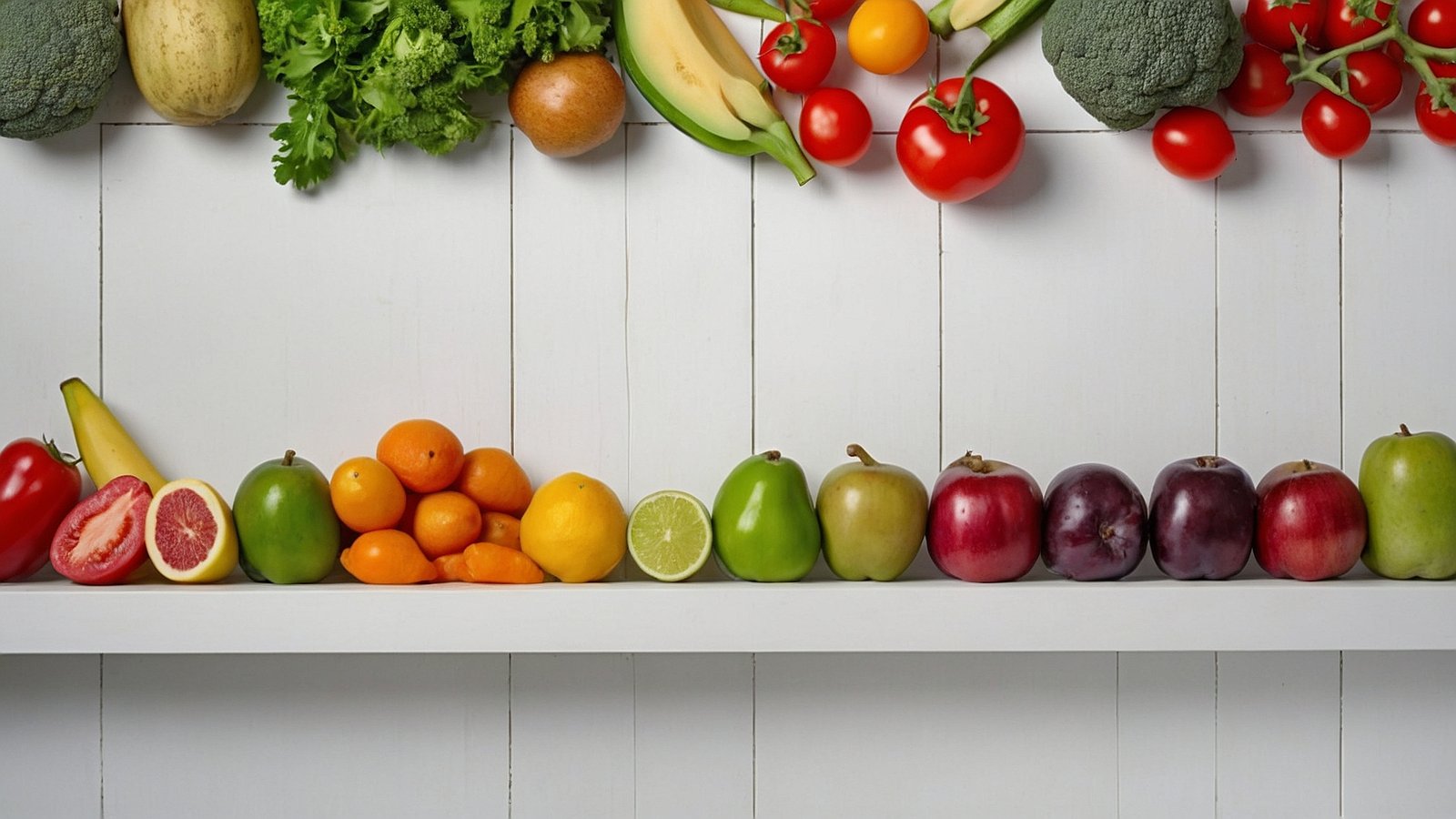 Fruits and vegetables arranged in rainbow colors on a white wooden shelf against a clean background, showcasing fresh and colorful produce.