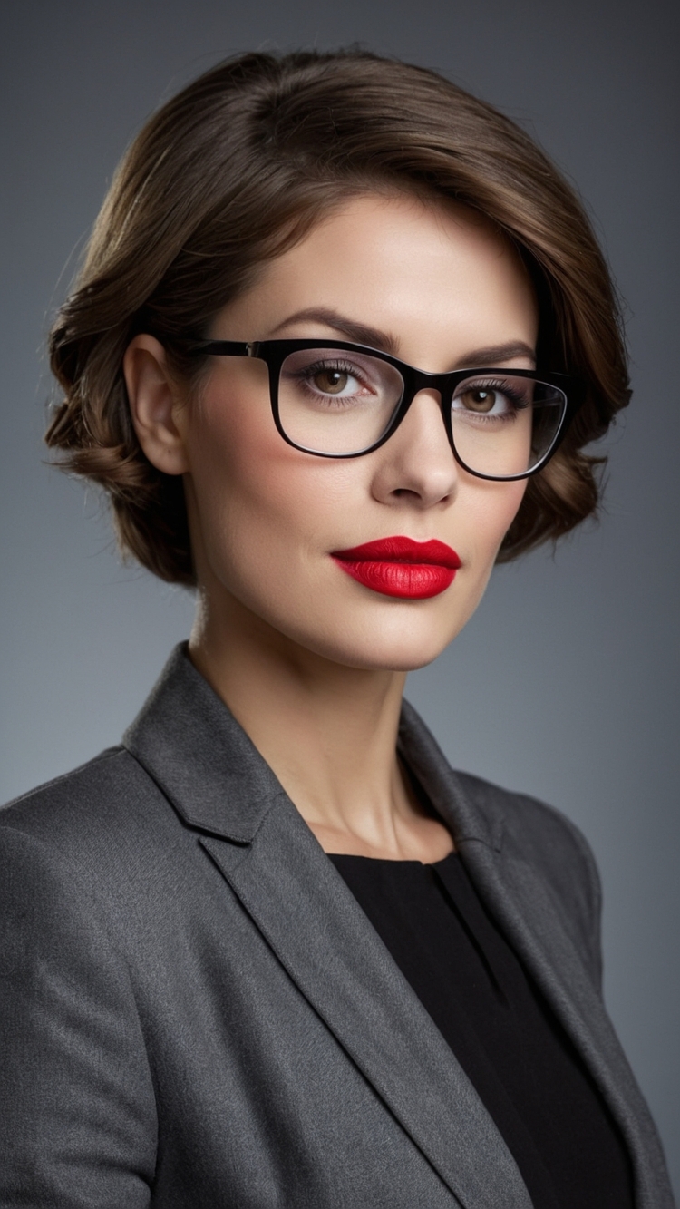 Portrait of a beautiful woman with short hair wearing glasses, a business suit, and red lipstick, captured in a professional photograph.