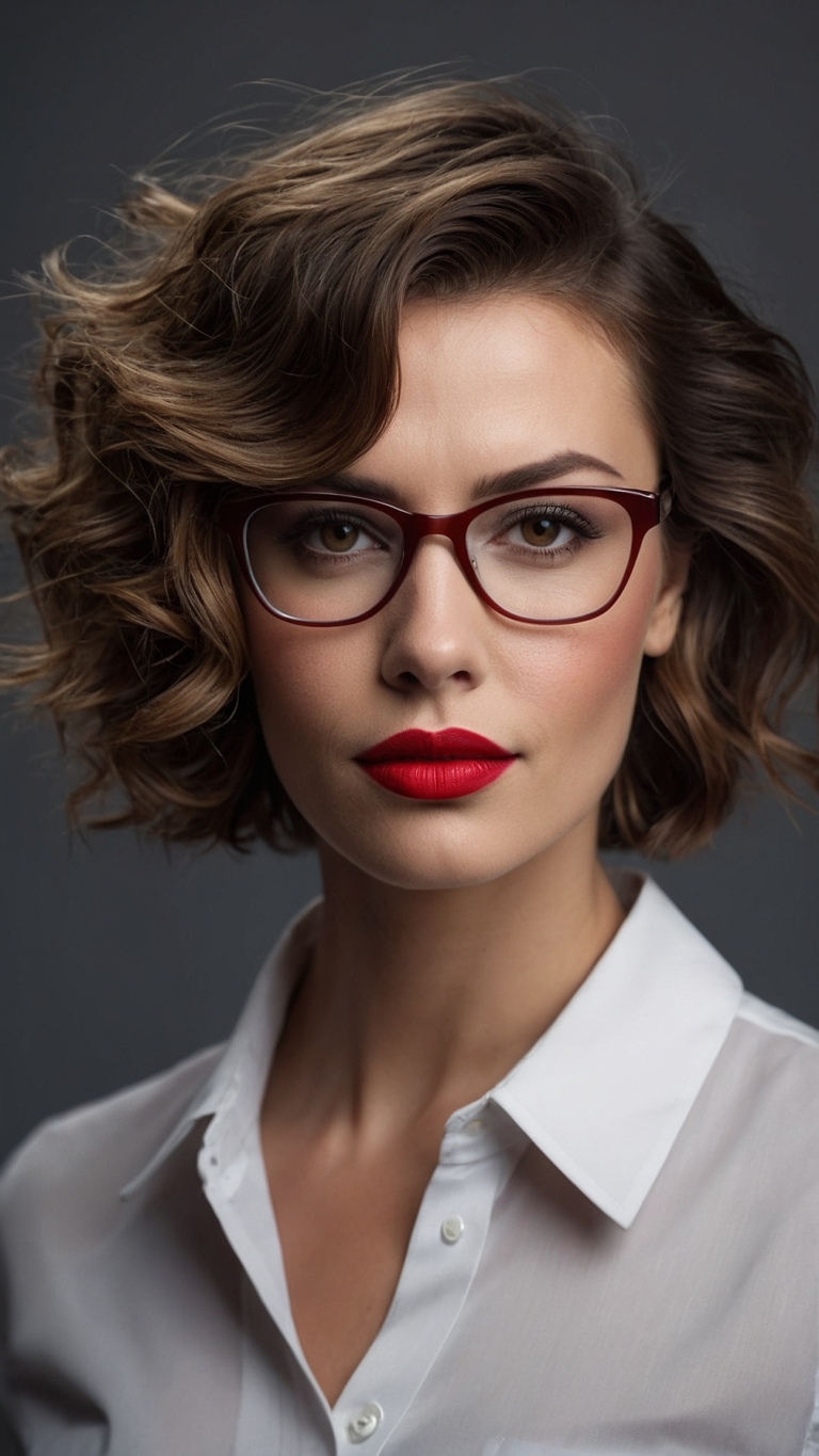 Confident Woman with Wavy Hair and Red Glasses