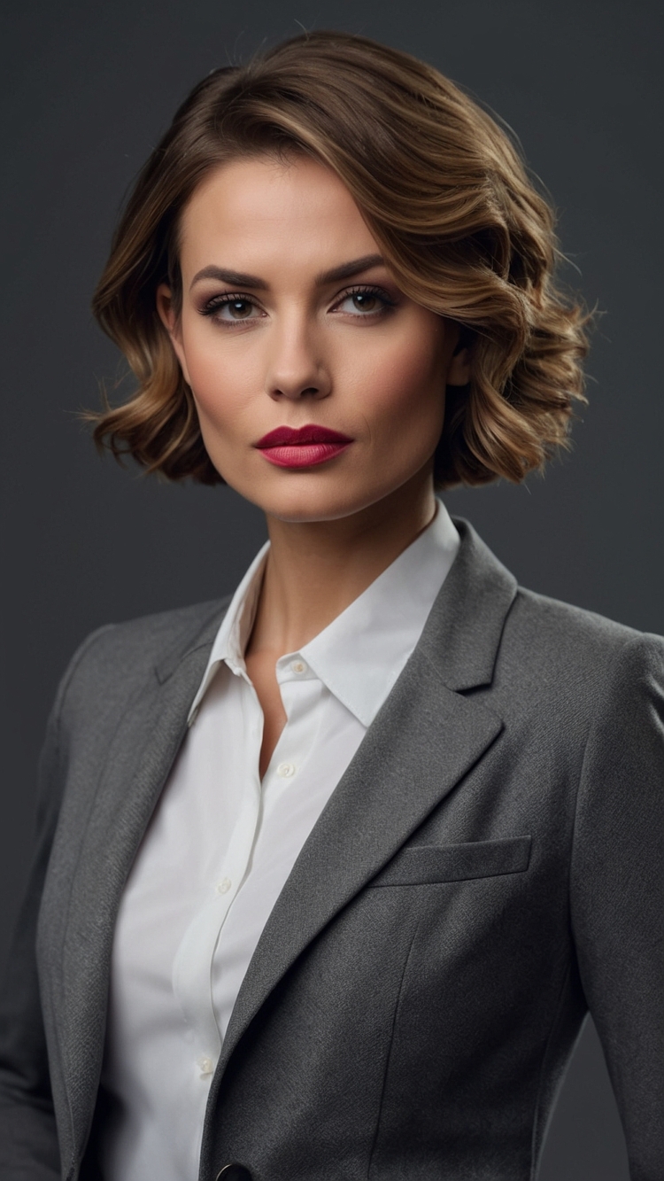 Portrait of an attractive woman in business attire with short, wavy hair and a side parting, posing confidently with soft lighting against a gray background.