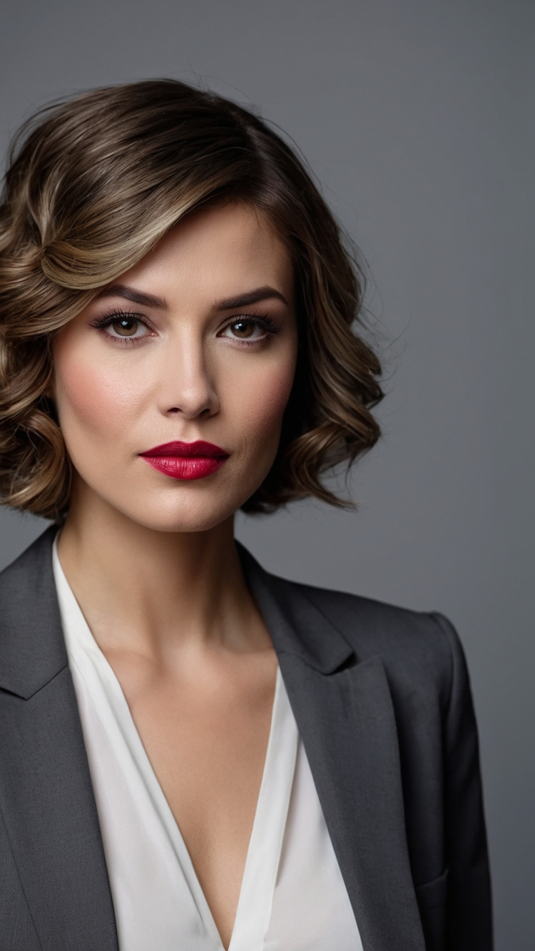 Headshot of a beautiful woman in a business suit with short, wavy hair, facing forward against a gray background, wearing lipstick.