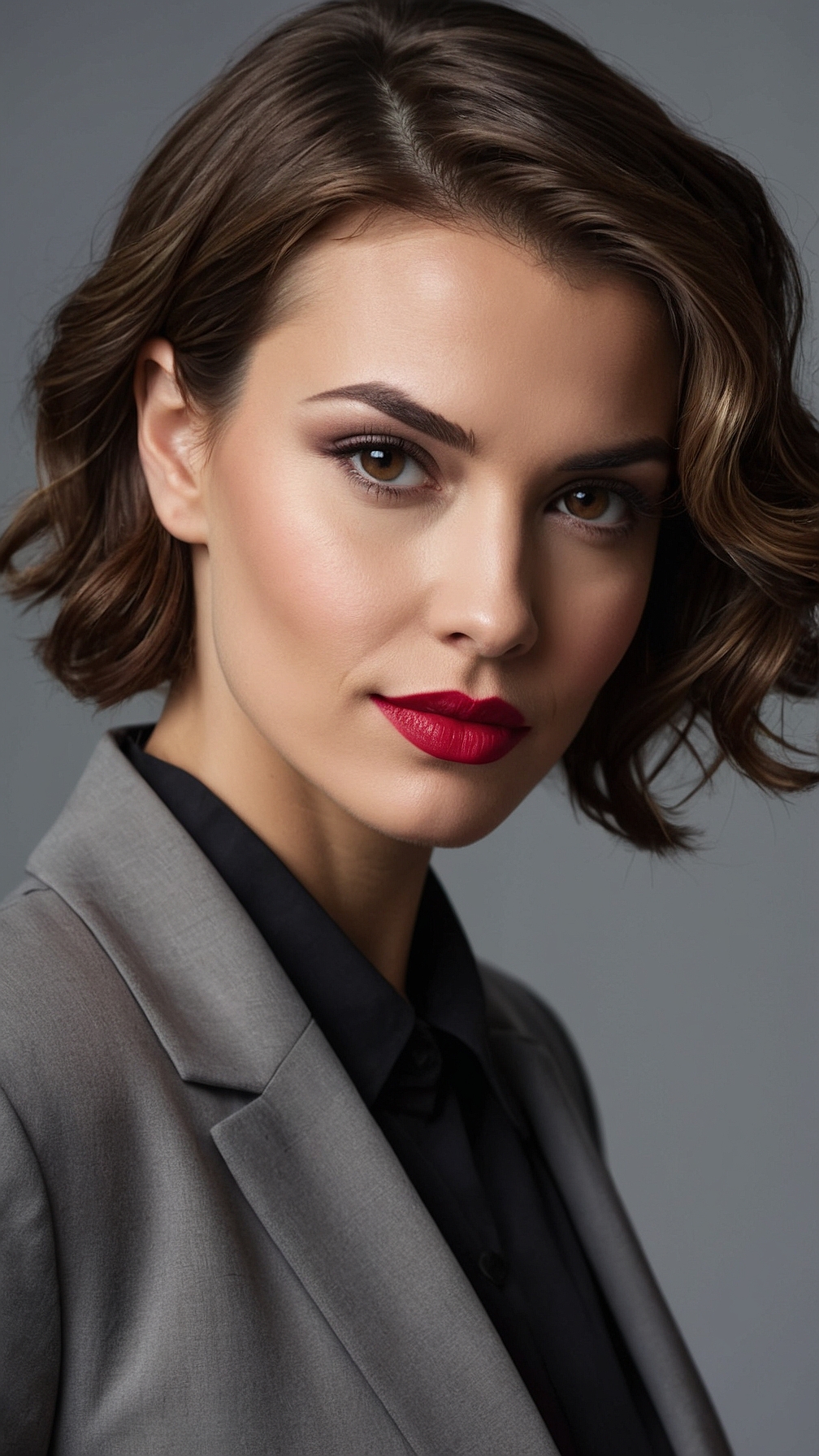 Portrait of a woman in a gray blazer and black shirt, with short wavy brown hair and red lipstick, against a gray background.