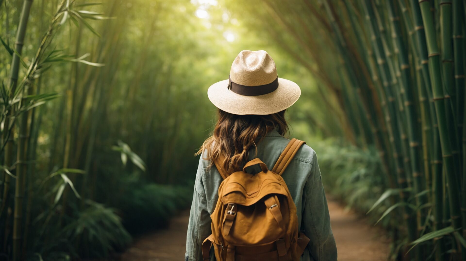 A traveler wearing a hat and backpack walking through a bamboo forest, viewed from behind, symbolizing solo travel and adventure.