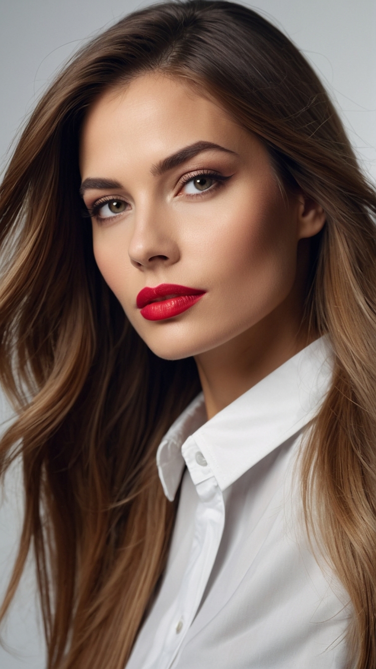 Portrait of an attractive woman with long brown hair, red lipstick, and subtle makeup against a plain gray background.