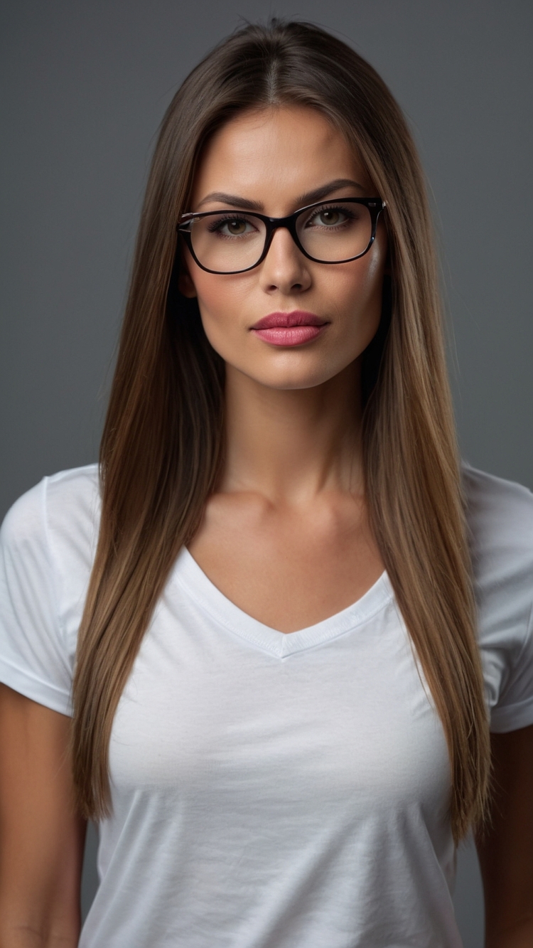 Portrait of a beautiful woman with straight hair, glasses, and a white t-shirt, isolated against a grey background in sharp focus.