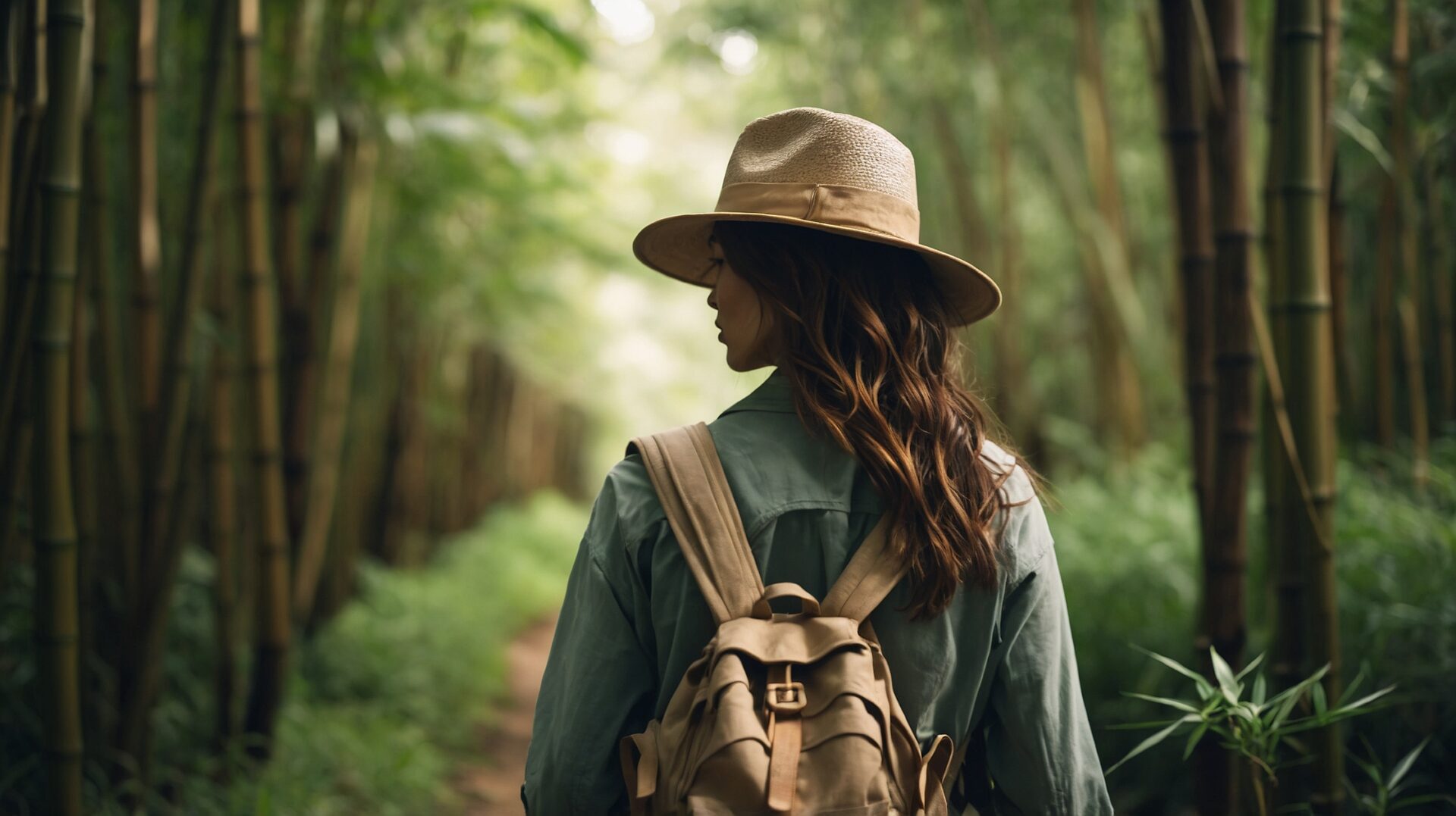 A woman in an explorer hat and backpack walking through a lush bamboo forest, captured in natural light with fine details and cinematic lighting.