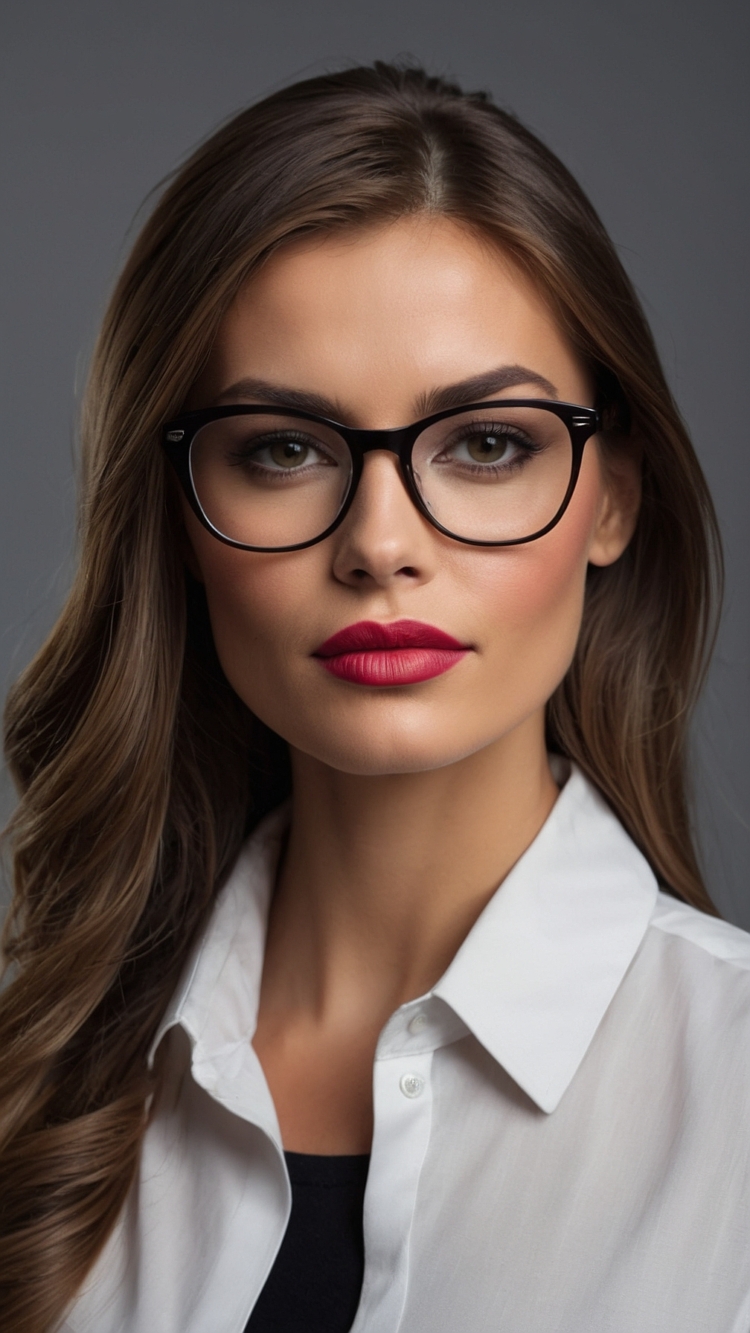 Portrait of a beautiful woman with dark brown wavy hair, black-framed glasses, white shirt, and red lipstick in professional lighting.