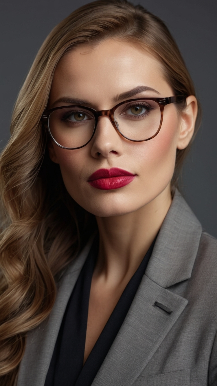 Elegant woman in glasses and business attire, with wavy hair and dark red lipstick, looking directly at the camera against a gray background.