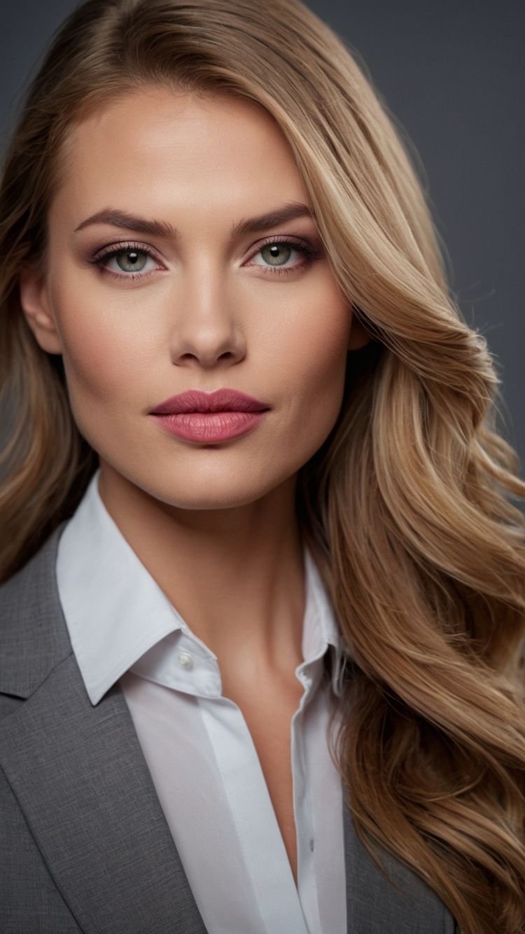 Portrait of a blonde woman in a gray suit, white shirt, and pink lipstick, set against a gray background with soft lighting.