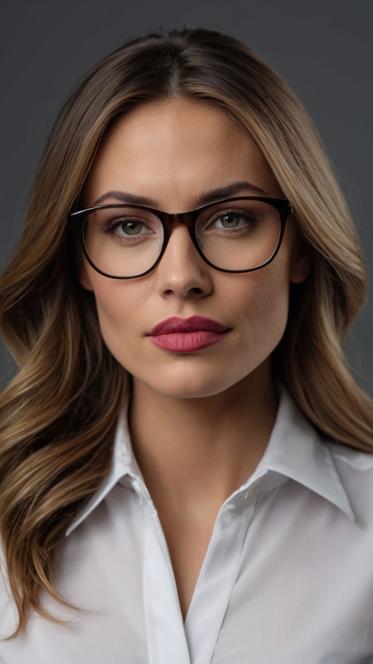 Close-up of a professional woman with medium-length hair, wearing black-framed glasses, a white shirt, and a business outfit, on a gray background.