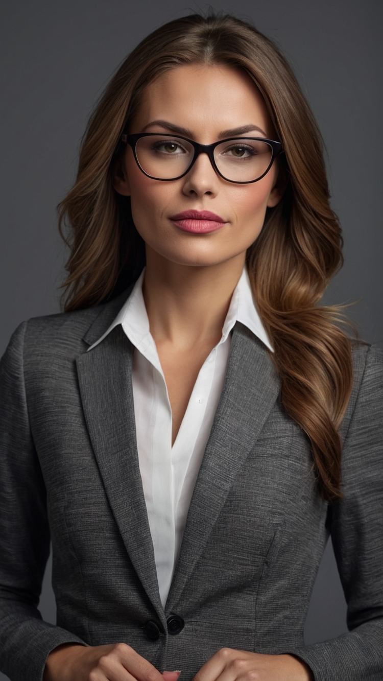 A professional portrait of a young businesswoman with glasses, brown hair, and a gray suit, on a dark gray background.