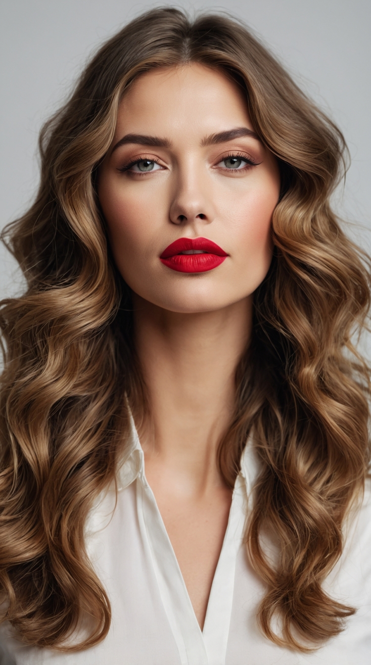 A close-up portrait of a woman with long golden-brown wavy hair, red lipstick, and a white shirt, in a professional studio setting.