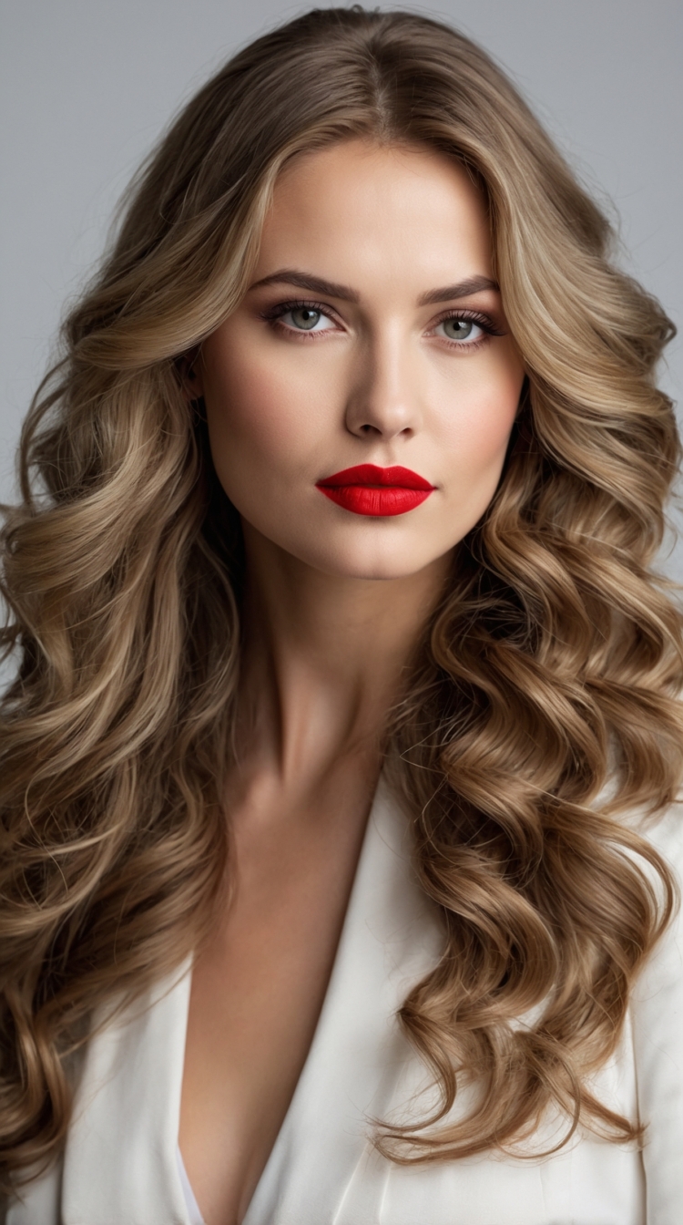 A beautiful woman with long, curly blonde hair and red lipstick, wearing a white blazer, poses in a professional beauty industry photoshoot.