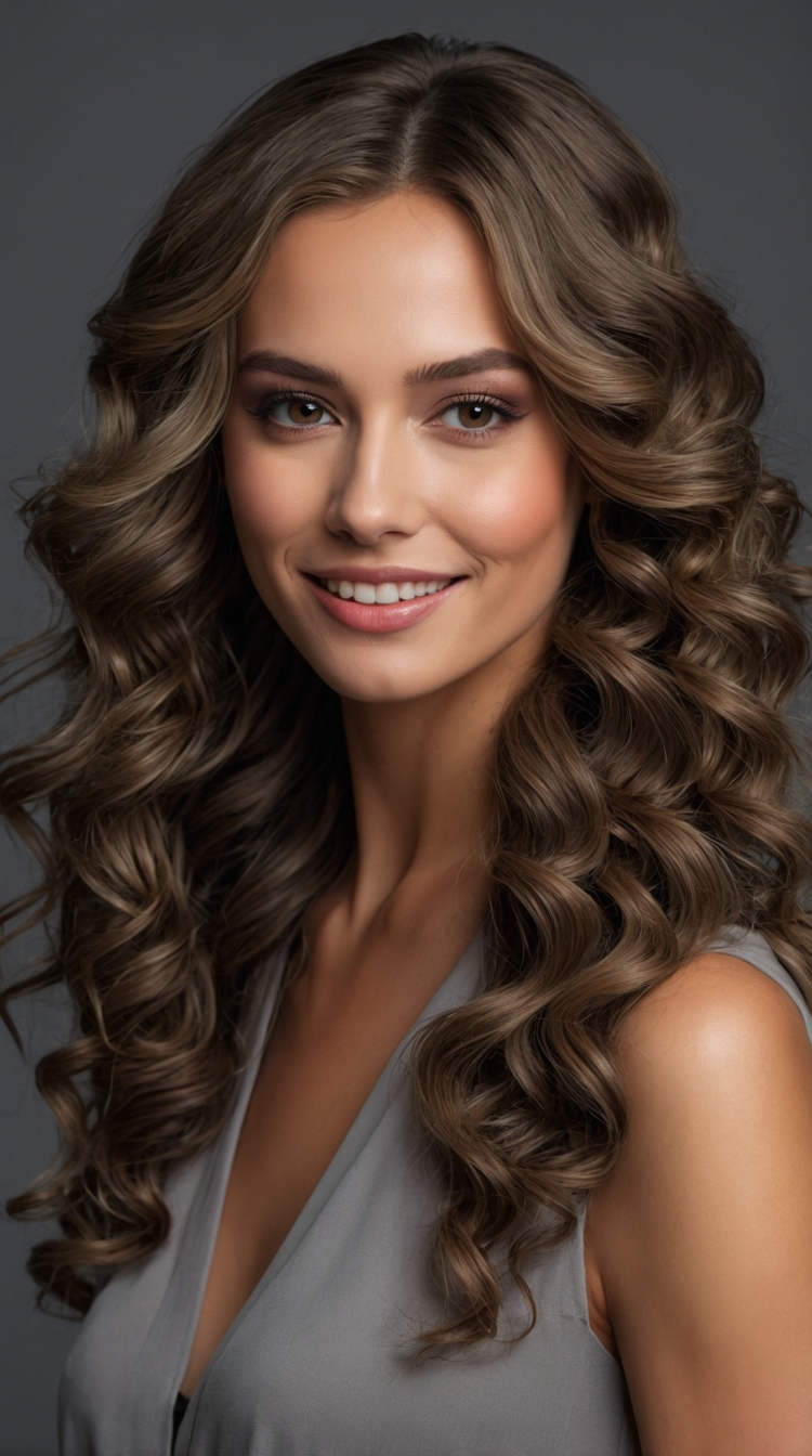 A woman with long brown hair styled in waves, smiling in a gray dress, poses for a professional studio portrait against a gray background.