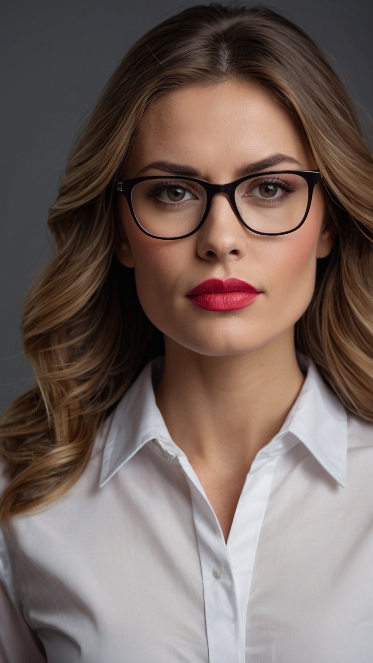 A woman with dark blonde hair, red lipstick, glasses, and a white shirt in business attire poses against a gray background in a studio portrait.