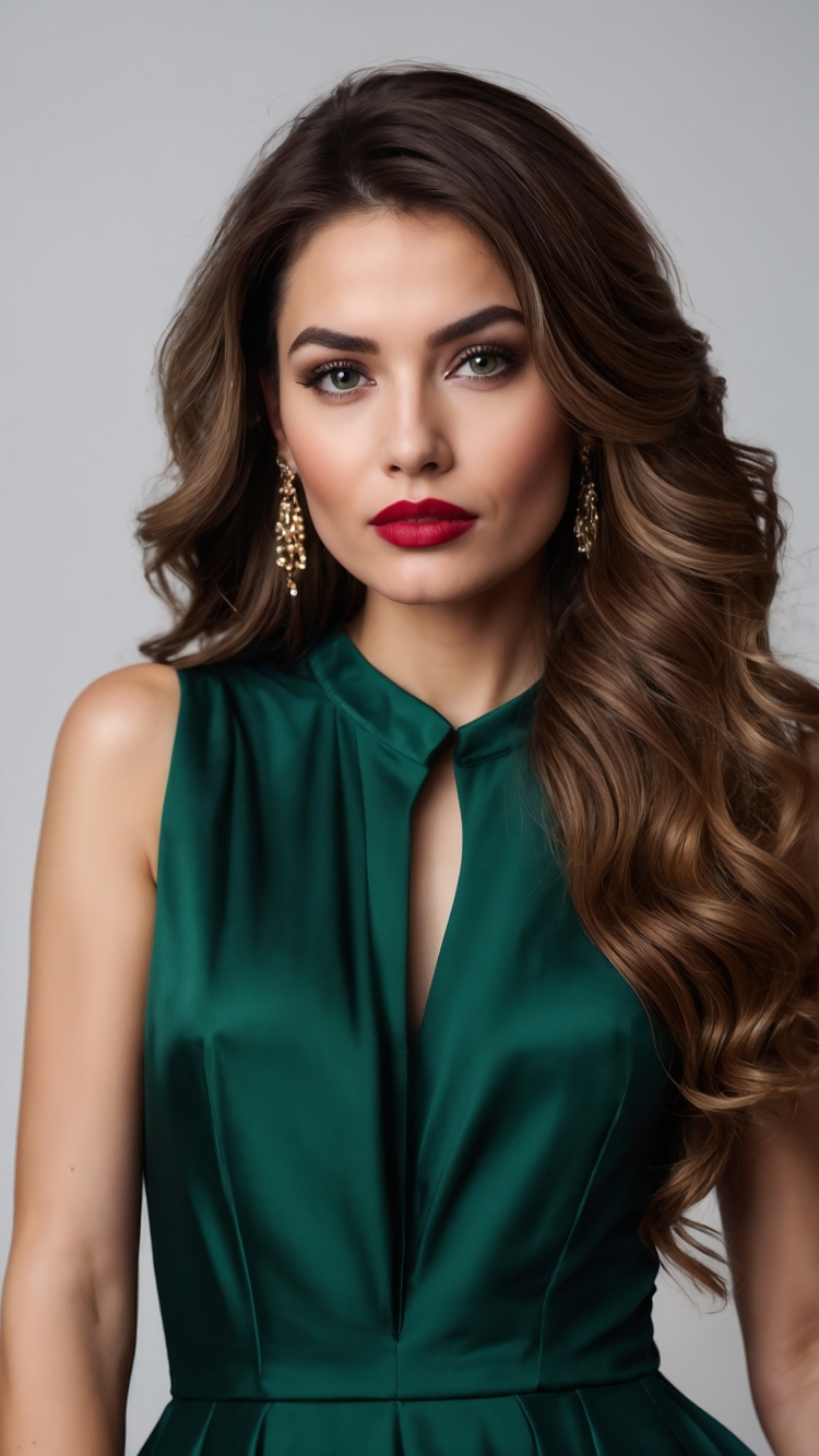 A woman with long brown hair in an emerald green dress, red lipstick, and earrings, looks directly at the camera against a light background.