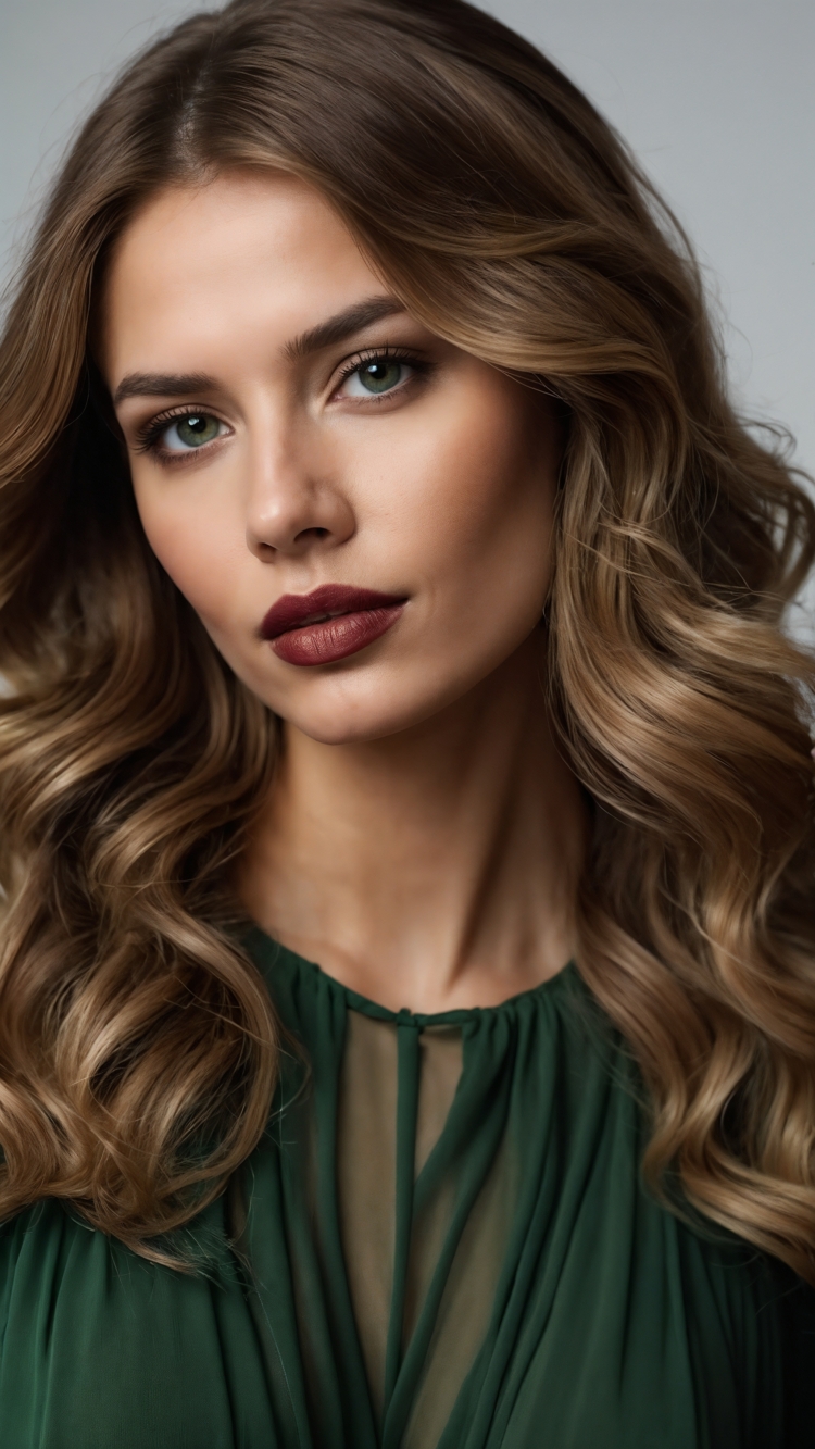 A woman with long wavy hair in a green dress and dark red lipstick, softly lit, looking directly at the camera against a gray background.