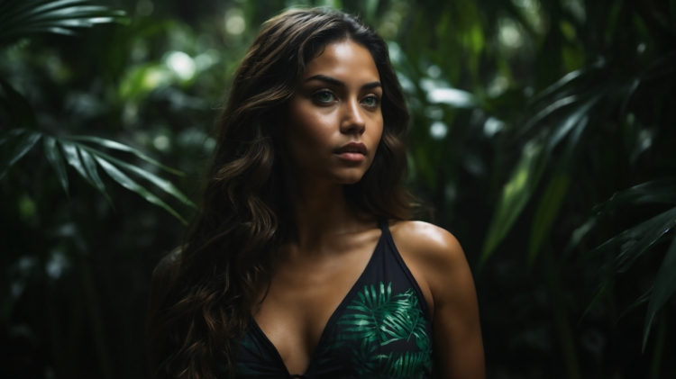 A woman with long brown hair and green eyes in a black palm-leaf dress stands elegantly amidst lush tropical foliage and jungle trees.