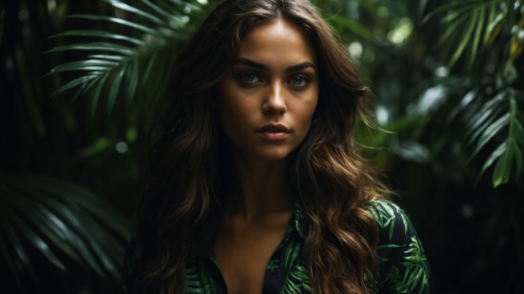 Portrait of a beautiful woman with long brown hair in a green printed shirt, standing against a dark background with tropical plants.