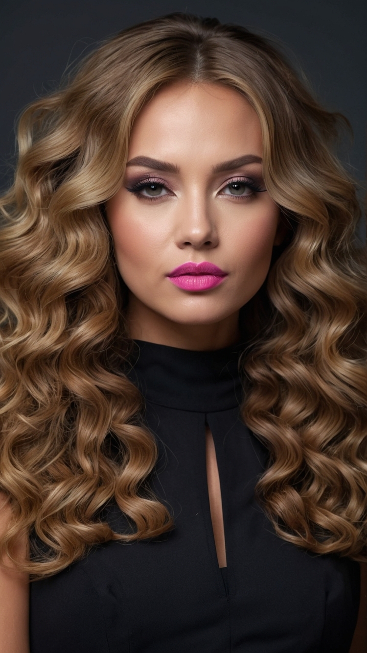 Portrait of an attractive woman with long curly blonde hair, vibrant pink lipstick, and a black dress against a dark background.