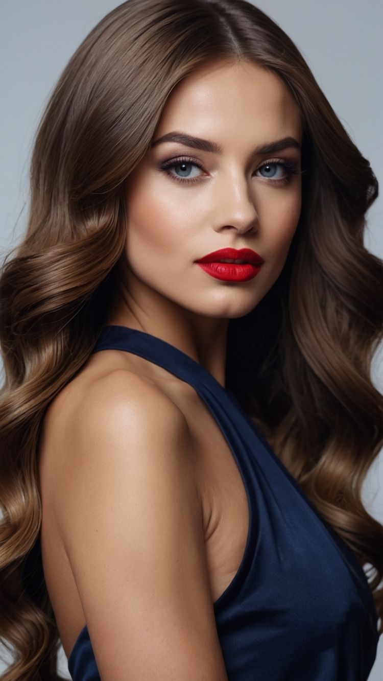 Beautiful woman with long brown hair, blue eyes, and red lipstick in a navy dress, posing elegantly in a studio with a white background.