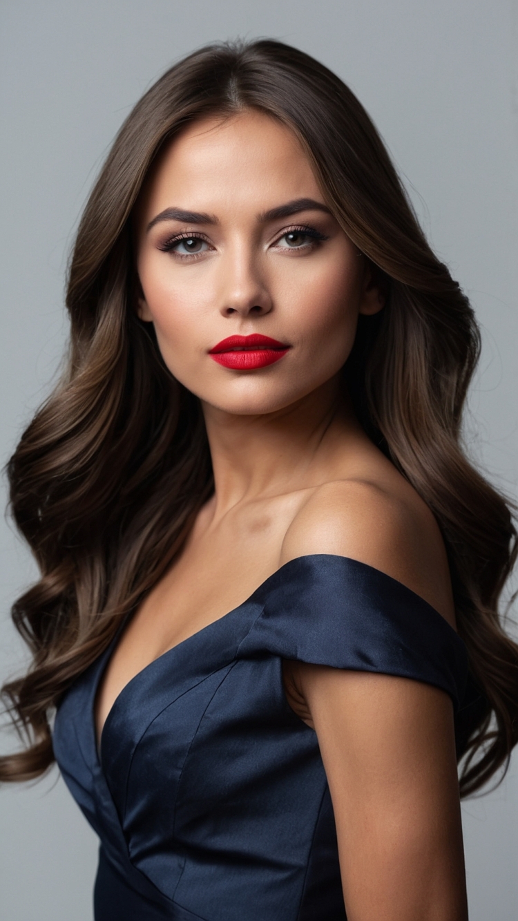 Beautiful woman with long brown hair, red lipstick, and bright eyes in a navy blue dress, posing confidently against a gray background.