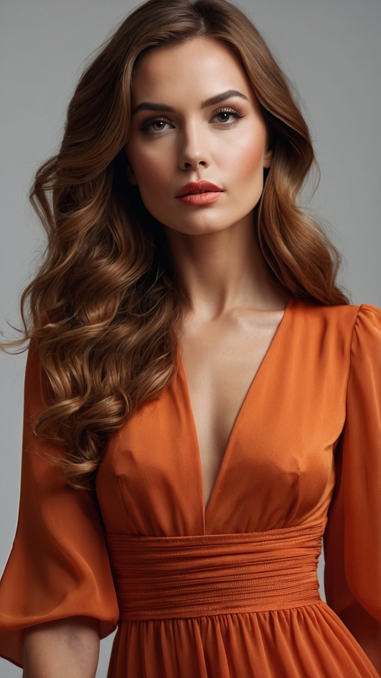 Beautiful woman in an orange dress with long wavy hair, posing confidently in a professional studio against a gray background.