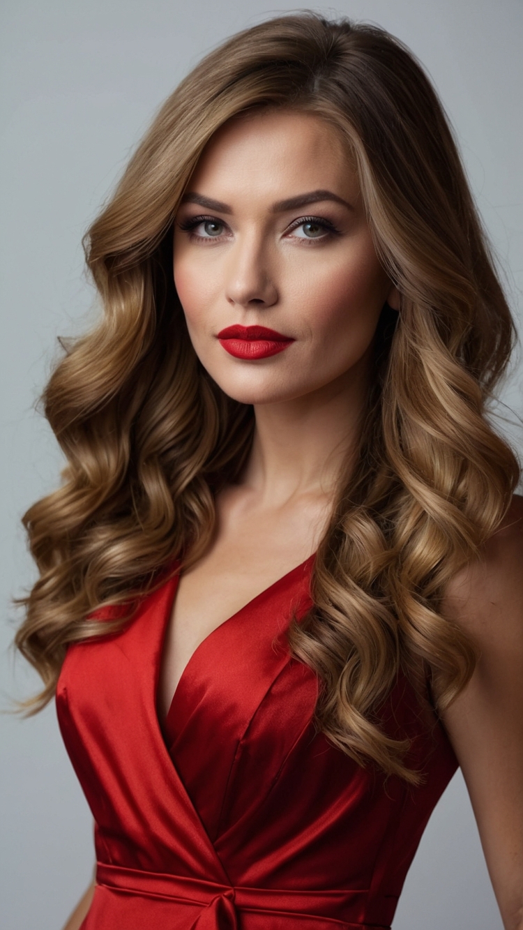 Woman with long, wavy blonde hair and blue eyes wearing a satin dress and red lipstick, posing against a gray background.