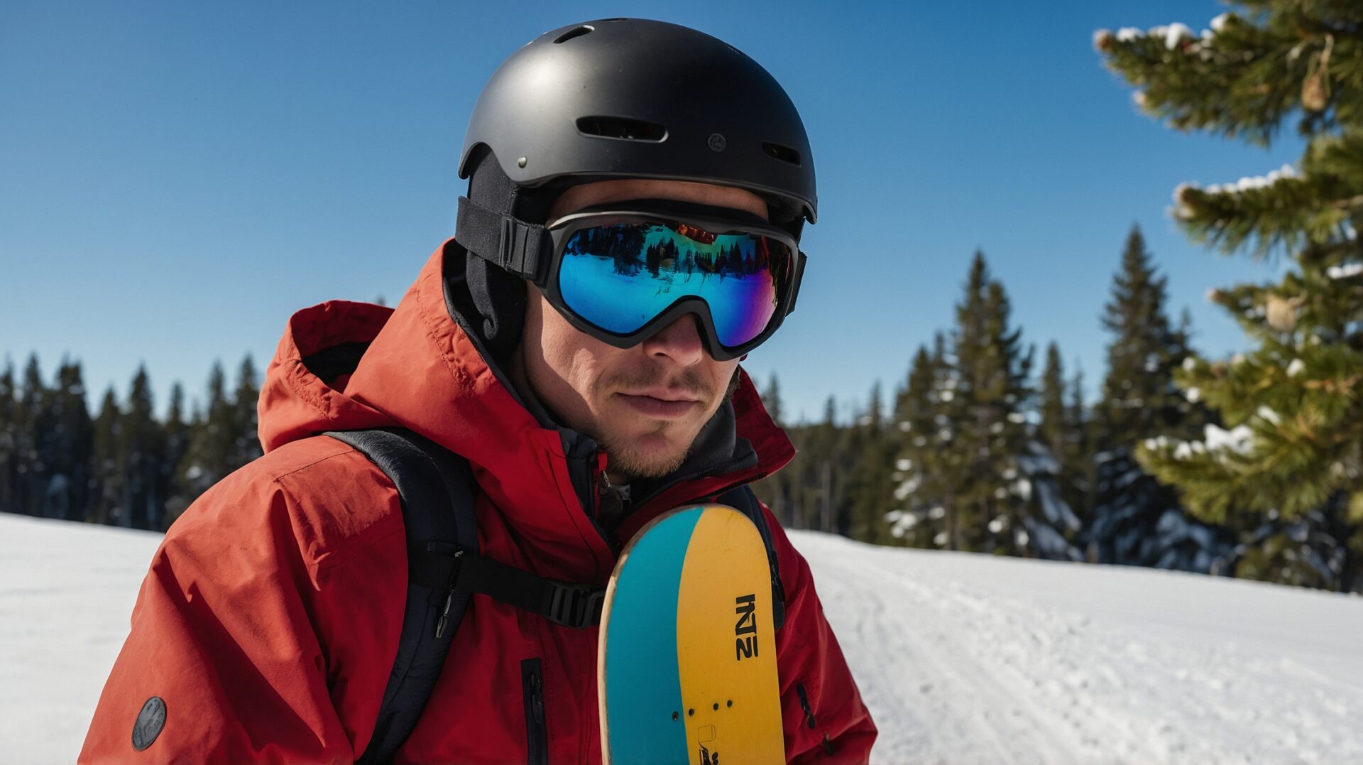 Professional male skier in a red jacket with a snowboard, wearing a black helmet and blue goggles, standing on a ski slope with pine trees.