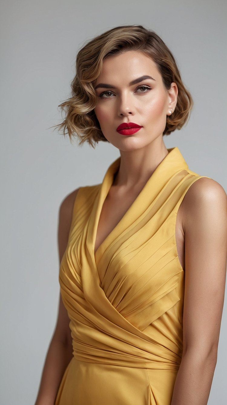 Professional portrait of a woman in a yellow silk dress with red lipstick, short wavy hair, and light brown eyes, against a white background.