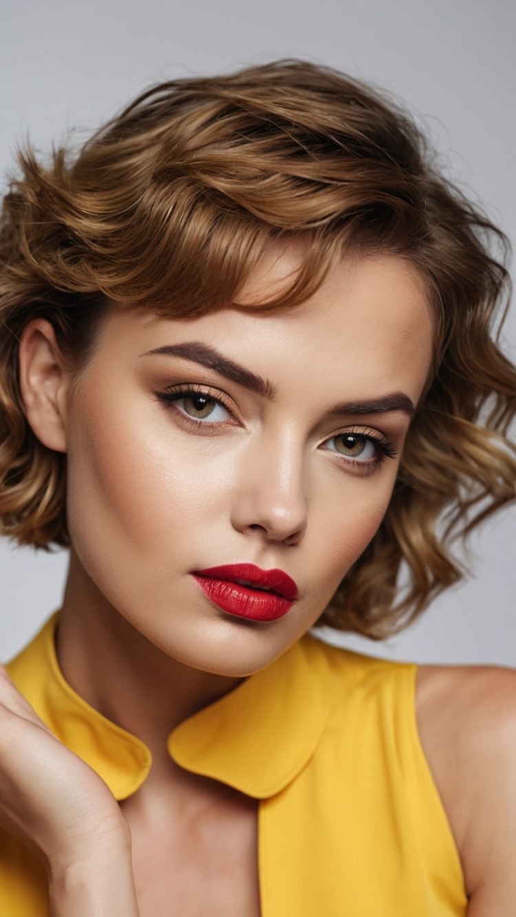 Close-up of a beautiful woman in a yellow top with red lipstick and wavy brown hair, posing against a gray background.