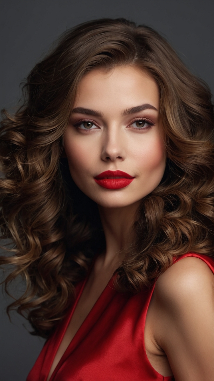 Beautiful woman with long, wavy brown hair, big eyes, and elegant makeup, wearing a red dress against a dark gray background.