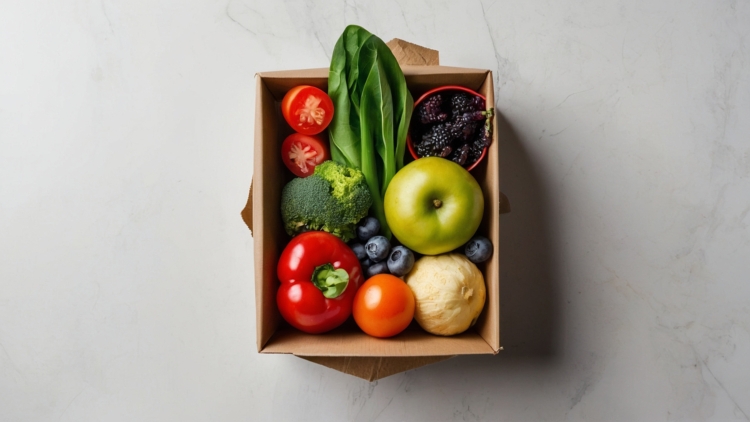 Top-down view of a cardboard box filled with assorted vegetables and fruits, set against a white background, in a high-resolution commercial photograph.