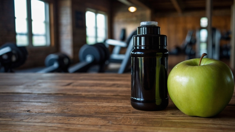 Close-up of a black water bottle with a cap and a green apple on a wooden table, with a blurred gym background and soft natural lighting.