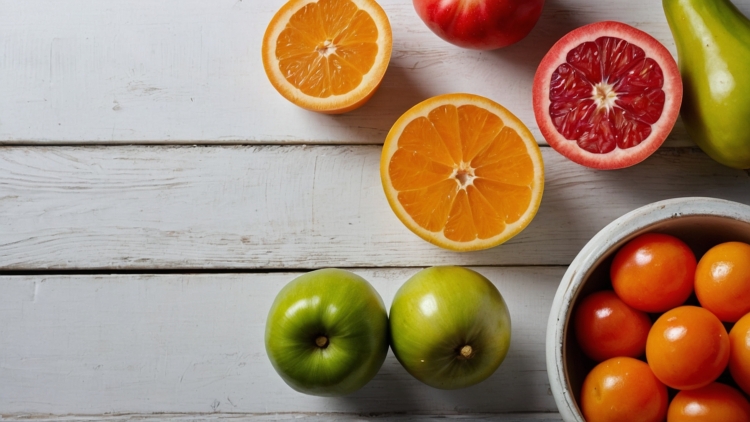 Top view of fruits and vegetables on a white wooden table, including apples, a grapefruit, and a tomato, captured in natural light.