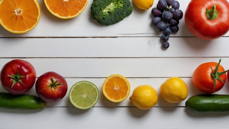 Photo of fresh fruits and vegetables arranged around the edges of a white wooden background, leaving space in the center for text or a logo.